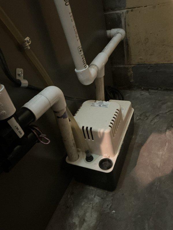 Completed annual HVAC maintenance inspection in apartment unit. Inspected condensate pump system, associated PVC drainage piping, and ductwork components in basement mechanical space. Verified proper operation of condensate removal system, checked all pipe connections and mounting hardware for secure installation, and confirmed drainage lines were clear and functioning correctly.