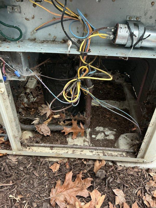 Completed annual cooling maintenance on residential HVAC system. Inspected furnace and air handler in basement mechanical room, verified proper operation of all components including condensate drainage system and electrical connections. Removed substantial accumulation of leaves and organic debris from outdoor condenser unit base, cleaned interior compartment, and inspected capacitor and wiring connections which showed signs of weathering but remained functional.