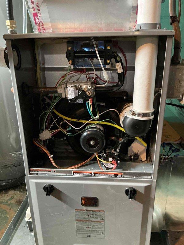 Responded to callback for 1-year-old furnace with no heat output and thermostat not activating blower. Upon inspection, diagnosed faulty thermostat wiring connection preventing proper communication between thermostat and furnace control board. Corrected wiring connections, verified proper 24V signal to furnace, tested blower activation and heat cycle operation, and confirmed system restored to full functionality with proper heating output.