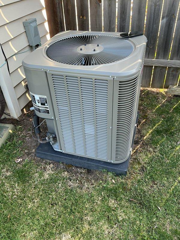 Completed annual Air Care Maintenance on residential outdoor condensing unit. Performed comprehensive inspection of octagonal beige condenser unit, verified proper operation of fan motor and compressor, checked refrigerant levels, cleaned condenser coils, and inspected electrical connections including disconnect box and conduit. Unit found in good operating condition with no immediate repairs required.