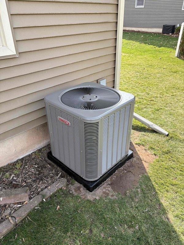 Completed full HVAC system installation including a 70,000 BTU gas furnace with integrated humidifier in the basement and a 2.5-ton air conditioning condenser unit positioned on a platform pad in the side yard. Installed all necessary ductwork, refrigerant lines, electrical conduit, condensate drain lines, and PVC venting to connect both systems. Reconnected existing components and ensured proper airflow distribution throughout the residence, with all equipment mounted on protective platforms and secured according to manufacturer specifications and local mechanical permit requirements.