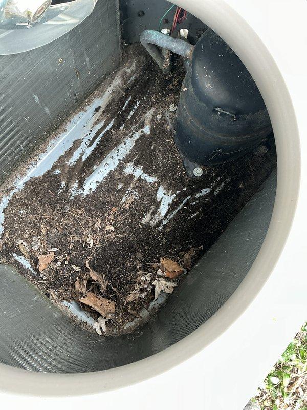 Completed annual HVAC maintenance on residential heating and cooling system. Inspected basement furnace unit, verified proper operation of gas lines and condensate drainage system, and documented equipment condition. Serviced outdoor condenser unit which required thorough cleaning due to significant debris accumulation including leaves, twigs, dirt, and organic matter that had collected in the interior housing. Removed all debris, cleaned condenser coils and interior components, checked electrical connections and wiring, and ensured proper airflow through the system. All equipment tested and returned to normal operating condition.