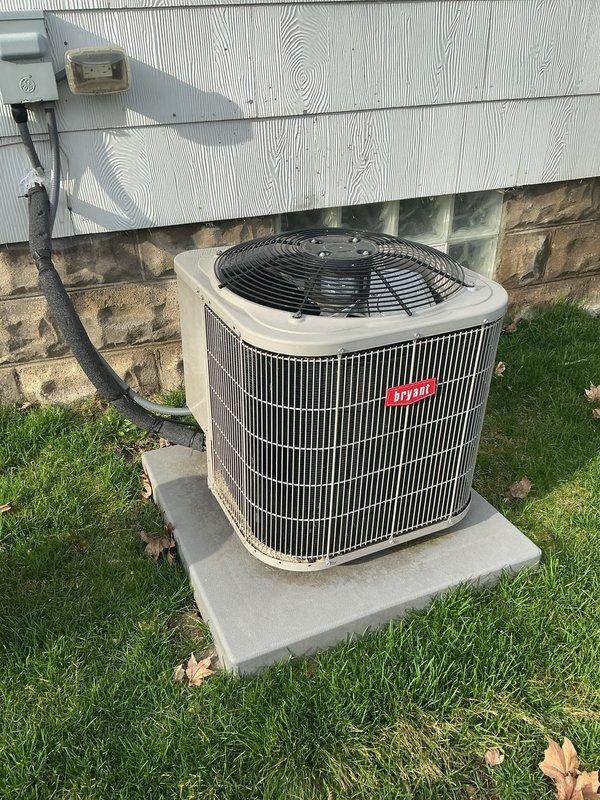 Completed annual cooling maintenance on Bryant outdoor condensing unit and air handler system. Performed comprehensive inspection of all components, verified proper operation, and documented equipment condition with no deficiencies noted.