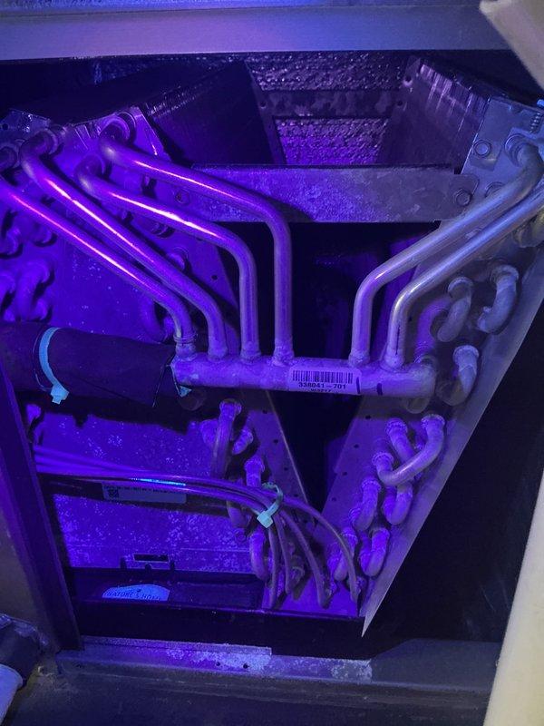 Performed comprehensive cooling tune-up on Goodman HVAC system. Completed full system inspection including evaporator coil examination under UV light, verified refrigerant line connections and integrity, checked all copper piping for proper insulation and secure mounting. Inspected condensate pump operation and drainage system, confirmed furnace and air handler components functioning properly. System tested and operating within normal parameters, ready for cooling season.