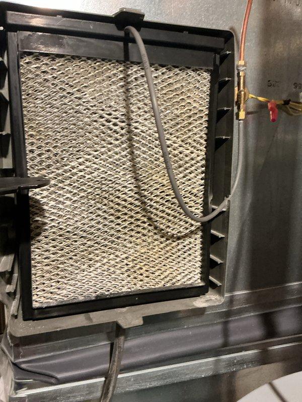 Completed annual cooling maintenance visit on residential HVAC system. Performed comprehensive inspection of air handler unit, verified proper operation of humidifier assembly and pad condition, and checked refrigerant lines and condensate drainage system. All components found operating within normal parameters, with humidifier pad showing acceptable wear and mineral deposits consistent with regular use.