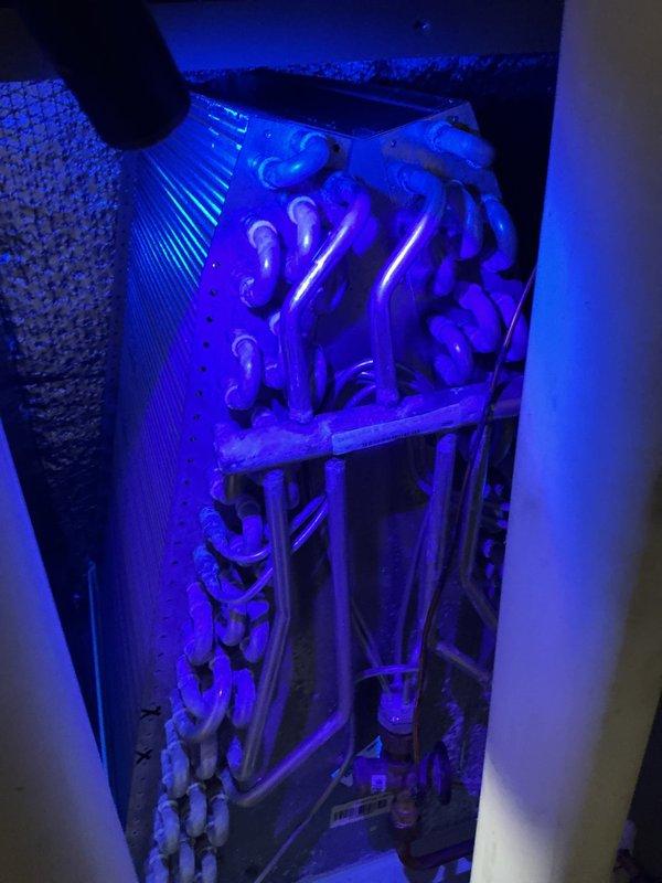 Completed comprehensive ComfortGuard maintenance visit including furnace filter replacement and full system inspection. Accessed furnace unit and replaced air filter to maintain optimal airflow and system efficiency. Performed UV light inspection of evaporator coil, which revealed significant biological growth and organic contamination throughout the coil fins and serpentine copper tubing, particularly concentrated in upper and middle sections. Documented findings with standard and UV photography for customer records. Recommended professional coil cleaning to restore heat transfer efficiency and prevent reduced cooling capacity and potential system strain.