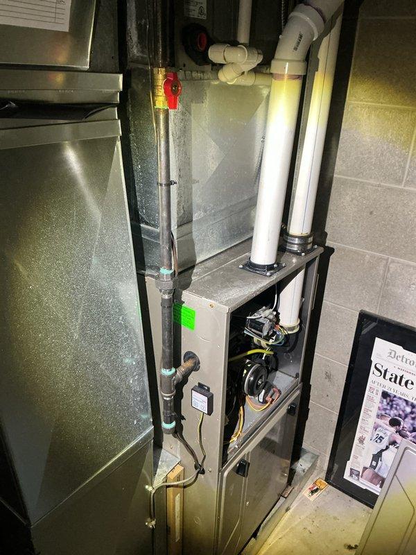 Completed scheduled Air Care Heating and Cooling maintenance service, replacing the MANN+HUMMEL air filter in the HVAC system. Inspected air handler unit, water heater, and associated plumbing connections including ball valves and PVC piping, confirming all components were operating properly and system was functioning as designed.