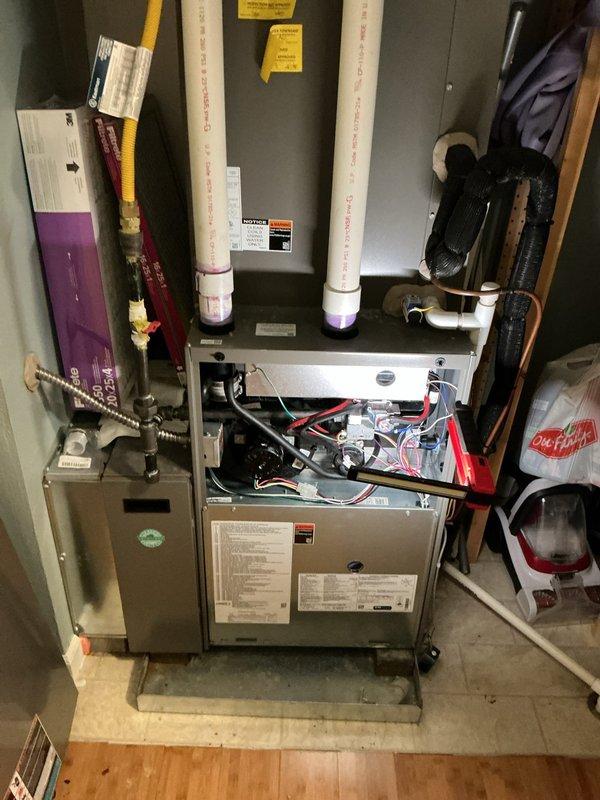 Returned to site to complete warranty work on Lennox furnace unit. Replaced defective heat exchanger with new 11x42 unit per manufacturer specifications. Corrected improper condensate drain pitch to ensure proper drainage and prevent future water backup issues. Removed front access panel to access internal components and performed complete heat exchanger replacement. Verified all electrical connections, wiring harnesses, and control boards were properly secured following installation. Adjusted PVC venting system as needed to accommodate new heat exchanger. Tested unit operation to confirm proper function of blower motor assembly and all mechanical components. Documented installation with photos showing completed work and proper component placement. Work completed under purchase order and manufacturer warranty guidelines.