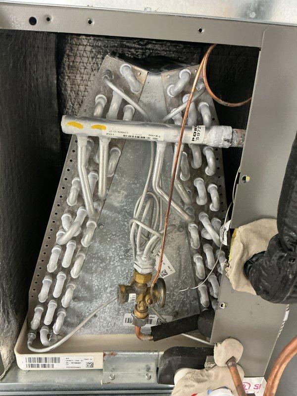 Completed routine Air Care Maintenance on residential split system air conditioning unit. Inspected outdoor condenser unit and indoor evaporator coil, verified proper operation of all components, checked refrigerant lines and connections for integrity, and confirmed system is operating within manufacturer specifications. Unit exterior and surrounding area showed normal seasonal debris accumulation; all mechanical components functioning properly with no deficiencies noted.