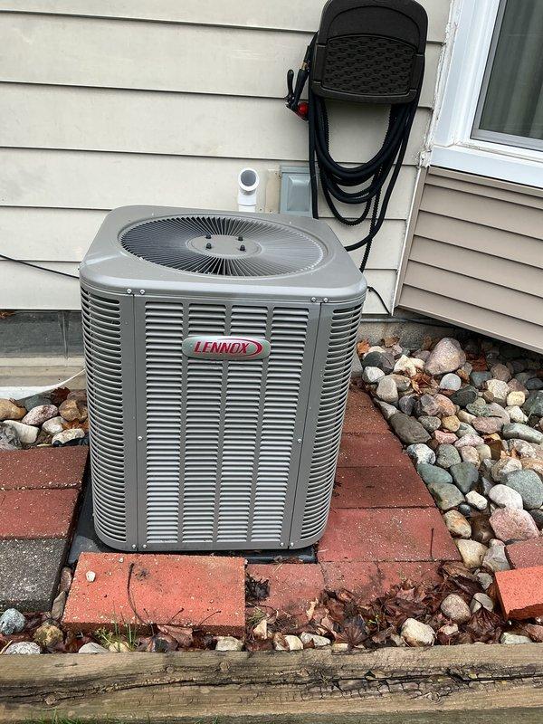 Completed annual cooling maintenance on Lennox condenser unit. Performed comprehensive system inspection including visual assessment of outdoor unit condition, electrical connections, refrigerant lines, and equipment placement. Unit found operating within normal parameters with no immediate service concerns identified. Condenser positioned on proper pad with adequate clearance and drainage.