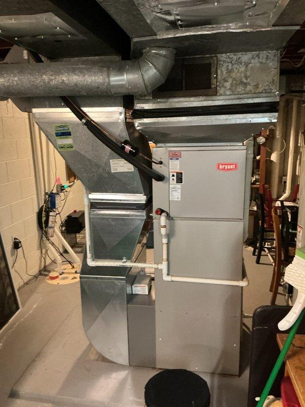 Completed annual AC maintenance checkup on Bryant Evolution System with Plus 90i furnace as part of membership program. Performed comprehensive inspection of air handler, condenser unit, and ductwork. Evaluated and documented existing air filter condition, which showed normal dust accumulation. Inspected refrigerant lines, electrical connections, and thermostat operation. Verified proper airflow through supply plenum and ductwork. All components found operating within normal parameters with no deficiencies noted. System running efficiently with no repairs required at this time.