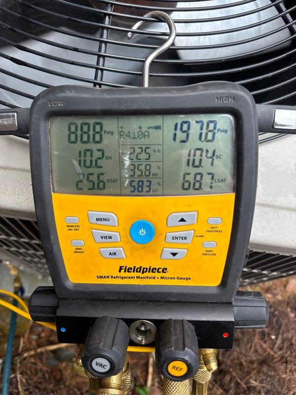 Completed annual cooling maintenance on outdoor condensing unit. Removed top panel to access internal components, inspected fan motor and blades, checked refrigerant lines and heat exchanger coils for proper operation. Utilized Fieldpiece SMAN manifold gauge to verify system pressures and temperatures, confirming all readings within manufacturer specifications. Unit operating efficiently with no issues found.