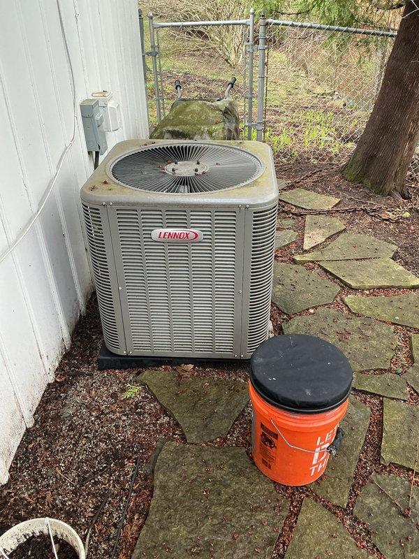 Completed ACM preventive maintenance on Lennox split system. Inspected outdoor condenser unit and indoor evaporator coil, verified refrigerant lines and connections, and brought replacement filter for system renewal. All components found operating within normal parameters.