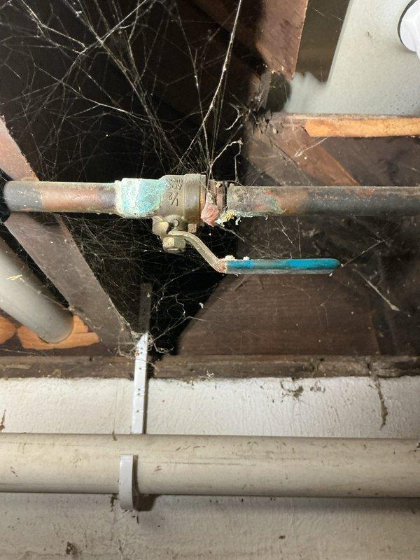 Responded to no-heat call following recent basement flooding. Upon arrival, found furnace located in basement with no standing water present. Performed diagnostic inspection of furnace and surrounding area. Observed significant corrosion on gas supply piping and shutoff valve, along with deteriorated plumbing components in vicinity of equipment. Noted extensive cobwebs and aged infrastructure throughout basement mechanical space, indicating lack of recent maintenance access. Documented conditions with photographs showing corroded metal pipes, oxidized copper lines, and compromised connections that may affect system safety and operation. Equipment age unknown; system requires further evaluation to determine if flood-related moisture or existing deterioration caused failure to start.