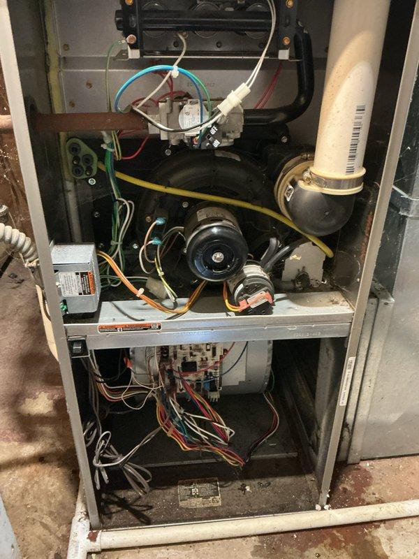 Responded to no-heat call on 4-year-old forced air furnace that had been shut down following a basement flood. Performed comprehensive system inspection to assess potential water damage to electrical and mechanical components. Removed furnace cabinet panels to examine internal components including draft inducer motor, blower assembly, and control board for signs of moisture intrusion or corrosion. Inspected all wire connections, terminal blocks, and electrical pathways for water damage or compromised insulation. Examined control board circuitry, relays, and integrated components for functionality. Verified condensate drainage system and PVC piping for proper configuration. Documented internal component condition with photographs showing blower motor, draft inducer, wiring harnesses, and control board assembly. All major components appeared dry with no visible water damage or corrosion present. System remained off per homeowner request pending further evaluation and clearance to restore