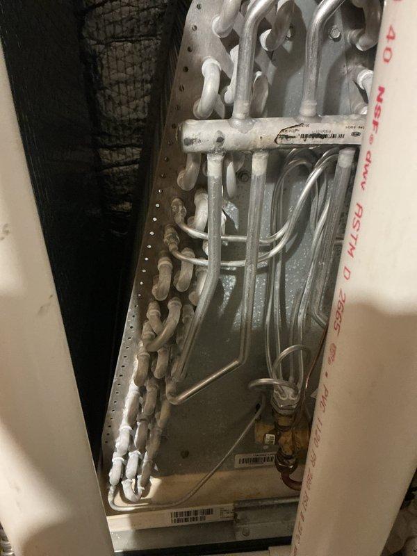 Completed scheduled Air Care Cooling maintenance on HVAC system. Inspected and documented evaporator coil assembly with serpentine refrigerant tubes, verified blower motor and wheel operation, and examined air filtration system with honeycomb mesh filter in proper position. All components photographed and found operating within normal parameters during routine preventive maintenance visit.