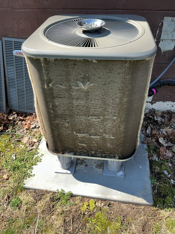Completed annual maintenance on residential AC condenser unit. Upon arrival, noted heavy mold, mildew, and algae growth covering exterior cabinet panels and coil surfaces. Performed thorough coil cleaning to remove biological contamination and debris buildup from condenser fins. Cleared accumulated leaves and organic matter from base of unit and surrounding concrete pad. Inspected all accessible components, verified proper operation of condenser fan, and documented pre- and post-service conditions with photographs. Unit operating within normal parameters following cleaning and maintenance procedures.