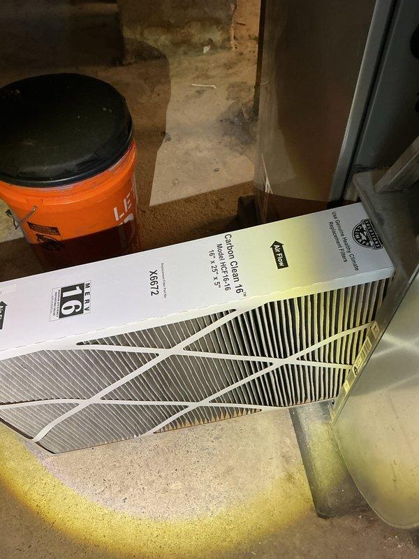 Completed annual cooling maintenance inspection on residential HVAC system. Removed heavily soiled furnace filter showing significant dust and debris accumulation, replaced with new pleated 16x25 filter to restore proper airflow and system efficiency. Performed standard ACM protocol including system inspection and component verification to ensure optimal operation for the cooling season.