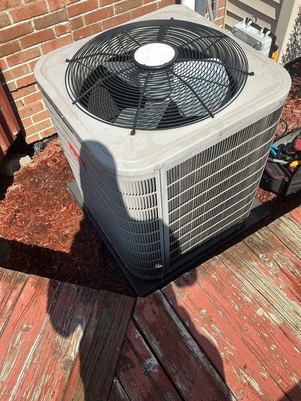 Completed platinum heating clean and check maintenance service on residential HVAC system. Performed comprehensive inspection of outdoor condensing unit positioned on exterior deck, verifying proper operation of condenser fan, protective grille integrity, and heat exchanger coil condition. Unit found to be in functional condition with all components operating within normal parameters. Conducted thorough cleaning and maintenance procedures per manufacturer specifications. System tested and confirmed operating efficiently. All safety checks completed successfully. High voltage interruptible service considerations addressed per customer requirements.