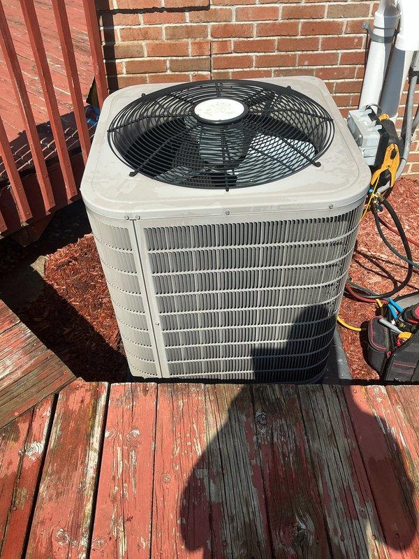 Completed platinum heating clean and check maintenance service on residential HVAC system. Performed comprehensive inspection of outdoor condensing unit positioned on exterior deck, verifying proper operation of condenser fan, protective grille integrity, and heat exchanger coil condition. Unit found to be in functional condition with all components operating within normal parameters. Conducted thorough cleaning and maintenance procedures per manufacturer specifications. System tested and confirmed operating efficiently. All safety checks completed successfully. High voltage interruptible service considerations addressed per customer requirements.