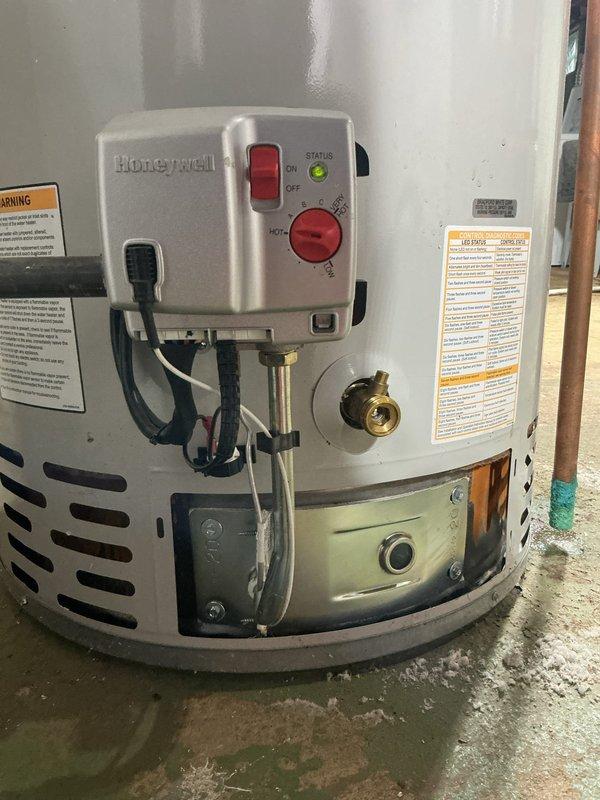 Replaced defective flammable vapor sensor (part #B415-45560-00) on residential water heater to restore safe operation. Consulted with customer regarding potential thermostat upgrade for improved temperature control and system efficiency.