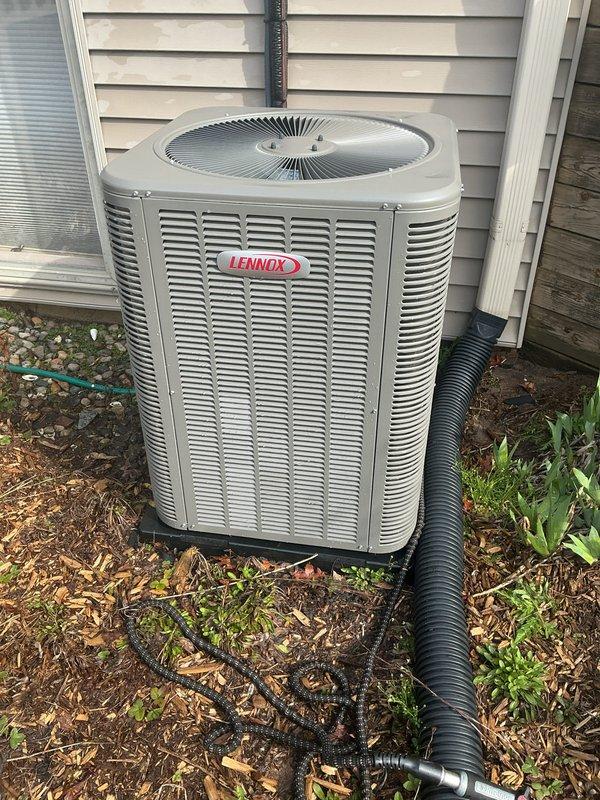 Performed routine preventative maintenance on Lennox outdoor condensing unit. Inspected condenser coils, fan operation, refrigerant lines, and electrical connections; confirmed unit operating within normal parameters with no deficiencies noted.
