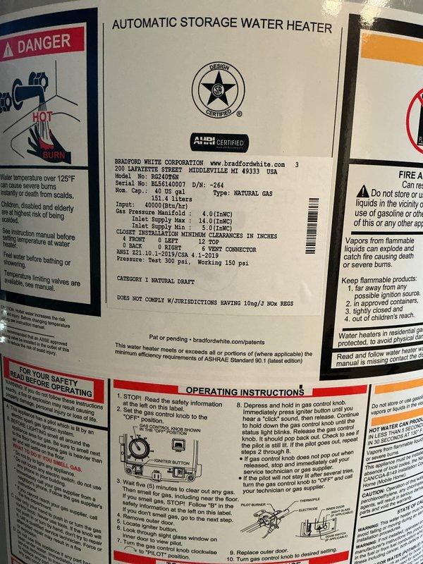 Responded to no hot water condition following basement flooding incident. Upon inspection, determined existing water heater had been compromised by water damage. Removed failed unit and installed new 40-gallon Bradford White automatic storage gas water heater with proper venting and plumbing connections, restoring full domestic hot water service to the residence.