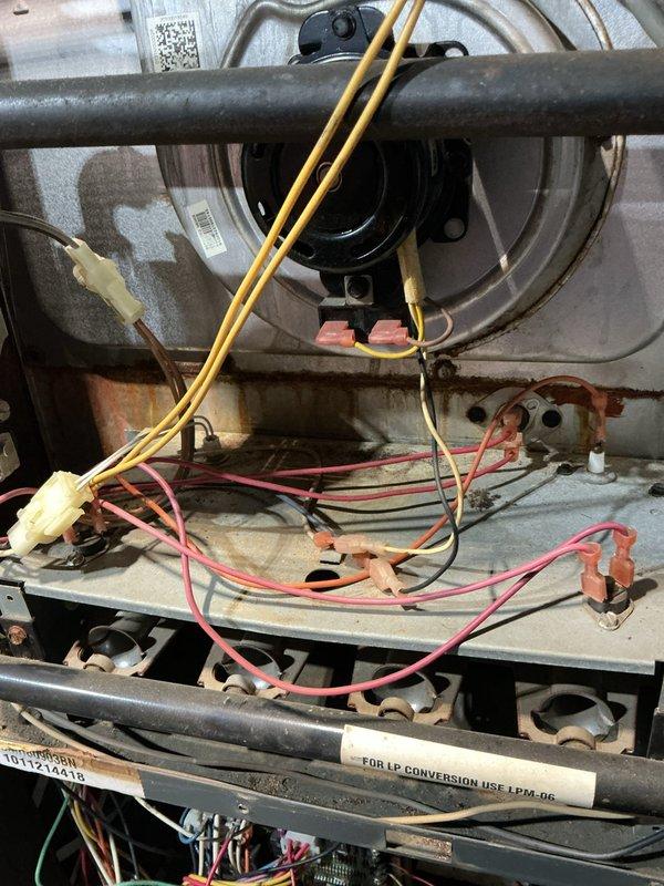 Responded to service call for 15-year-old furnace leaking water in basement installation. Upon inspection, removed front access panel and examined internal components including heat exchanger, burner assembly, blower motor housing, and drainage system. Identified source of water leak and assessed condition of all related components. Performed diagnostic evaluation of condensate drain system, secondary drain pan if equipped, and checked for potential heat exchanger cracks or condensation issues common in aging furnace units. Inspected electrical connections, control board, and blower assembly for proper operation and any moisture damage. Documented equipment condition with detailed photographs showing burner compartment, wiring configuration, blower motor assembly, and overall unit condition for service records.
