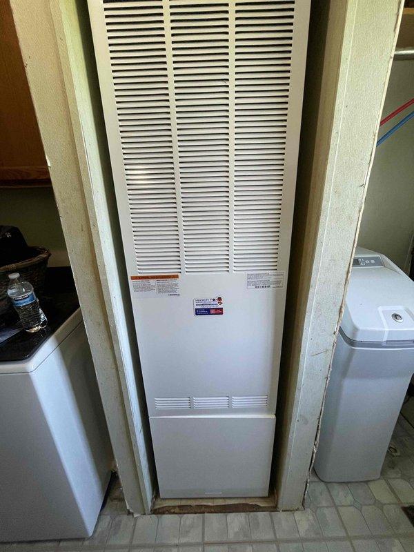 Completed full HVAC system installation including a 70,000 BTU furnace and 2.5 ton air conditioning unit with rear discharge configuration. Installed new Sensi digital programmable thermostat and positioned complete system in utility closet area. Reconnected all necessary electrical and mechanical connections, obtained required permits, and verified proper system operation upon completion.