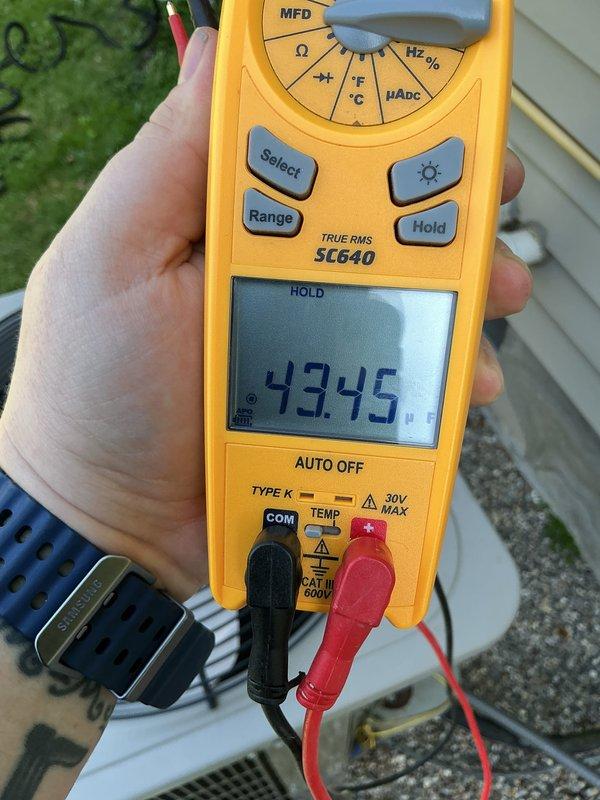 Performed scheduled preventative maintenance on air conditioning system. Conducted comprehensive system diagnostics using digital manifold gauges to verify refrigerant pressures and temperatures, and tested electrical components with multimeter, recording capacitor reading of 43.45 MFD to ensure proper compressor operation.