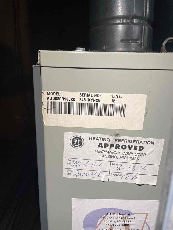 Provided comprehensive estimate for complete furnace replacement on 18-year-old existing unit, including assessment of current HVAC system configuration with humidifier integration and ductwork connections. Documented existing Amana model AUD080R936K0 furnace installation with attached whole-house humidifier and evaluated replacement options as part of promotional BOGO program that includes complimentary air conditioning system with new furnace purchase.