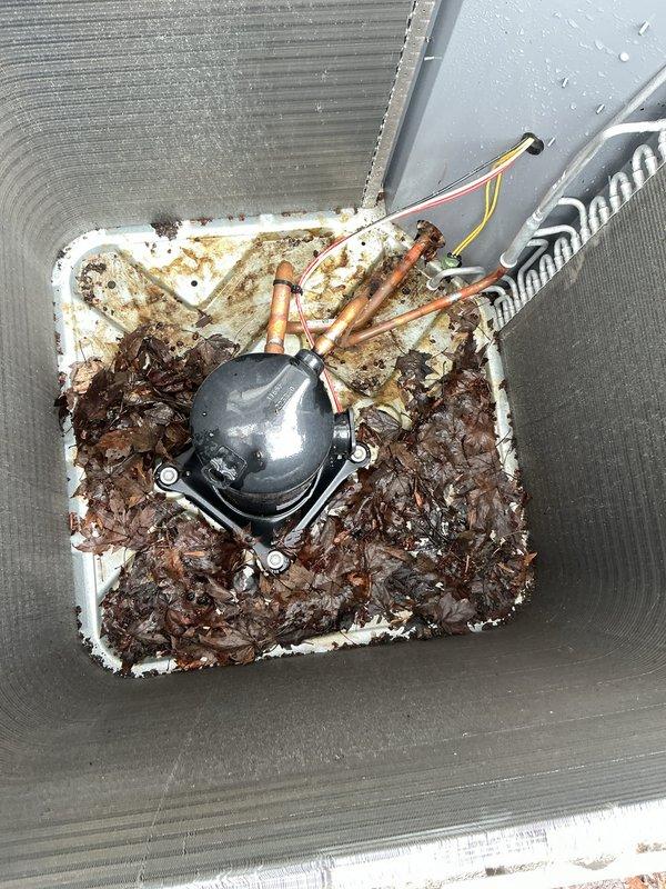 # HVAC Maintenance - ACM Completed

Performed routine Air Care Maintenance inspection on residential air conditioning system. Upon arrival, conducted comprehensive visual assessment of outdoor condensing unit and indoor evaporator coil assembly. Exterior condenser unit exhibited significant corrosion on copper refrigerant lines with white oxidation and calcium deposits present, along with extensive rust staining throughout the drain pan. Removed accumulated organic debris including leaves and decomposed plant material from base pan surrounding compressor. Inspected black dome-shaped compressor unit and verified mounting integrity despite visible surface corrosion from prolonged moisture exposure.

Accessed indoor air handler through top panel opening and inspected serpentine evaporator coil assembly with multiple parallel aluminum fin rows. Examined finned heat exchanger section and verified proper alignment of corrugated condensing unit components. Checked copper refrigerant lines wit