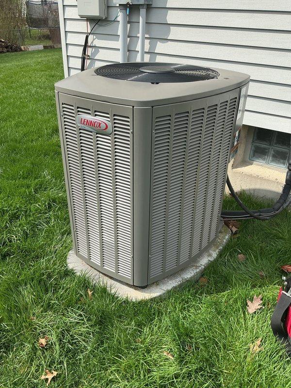 Completed annual cooling maintenance on Lennox outdoor condensing unit. Performed comprehensive system inspection including visual assessment of unit condition, electrical connections, refrigerant lines, and condensate drainage. Verified unit is properly positioned on concrete pad with adequate clearances for airflow and service access. Inspected condenser coil, fan motor assembly, and electrical disconnect box. Confirmed all safety labels and manufacturer information are visible and intact. Unit operational and ready for cooling season.