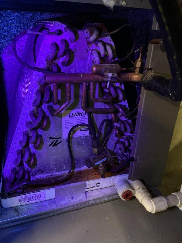 # HVAC Maintenance - ACM Completed

Performed comprehensive annual cooling maintenance on Lennox HVAC system. Conducted thorough inspection of evaporator coil assembly and refrigerant lines using UV light for enhanced visibility. Assessed heat exchanger coil condition, noting significant oxidation and surface corrosion on copper tubing throughout the serpentine coil arrangement. Inspected all refrigerant line connections, brass fittings, and copper piping for integrity. Verified condensate drain system components including PVC drain line with proper cap installation. Examined electrical connections and insulated refrigerant lines. Documented equipment condition with photographic evidence showing extensive copper patina development on coil surfaces, indicating age-related weathering. All accessible components inspected per manufacturer maintenance protocols. System operational at time of service completion.