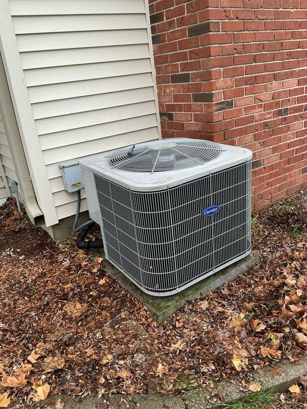 Completed annual comprehensive maintenance on Carrier residential air conditioning system. Performed thorough inspection of outdoor condenser unit, verified proper operation of compressor and condenser fan motor, checked refrigerant line connections and insulation integrity, and confirmed electrical disconnect functionality. Cleaned debris and leaves from around unit perimeter and concrete pad to ensure adequate airflow and drainage. Unit found in serviceable condition with normal weathering for outdoor equipment.