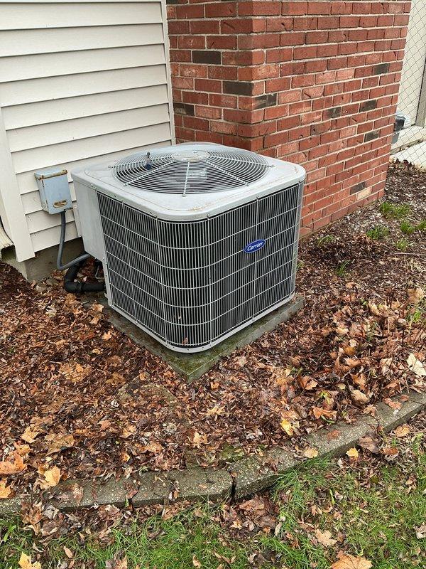 Completed annual comprehensive maintenance on Carrier residential air conditioning system. Performed thorough inspection of outdoor condenser unit, verified proper operation of compressor and condenser fan motor, checked refrigerant line connections and insulation integrity, and confirmed electrical disconnect functionality. Cleaned debris and leaves from around unit perimeter and concrete pad to ensure adequate airflow and drainage. Unit found in serviceable condition with normal weathering for outdoor equipment.