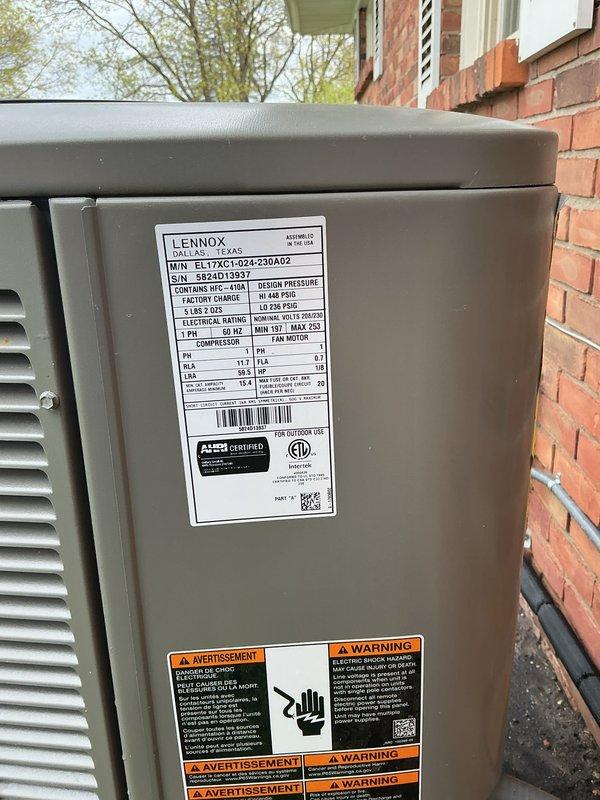 Completed scheduled Air Care Cooling maintenance on Lennox EL17XC1 condenser unit utilizing HFC-410A refrigerant. Performed comprehensive system inspection, documenting unit condition with exterior showing normal weathering and dirt accumulation on intake surfaces, confirmed proper refrigerant line connections and verified operational status of all components per manufacturer specifications.
