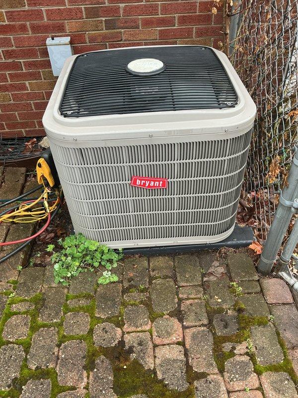 Completed annual preventative maintenance on Bryant outdoor condensing unit. Performed comprehensive system inspection, cleaned condenser coils, checked refrigerant levels, verified electrical connections, and confirmed proper operation of all components with unit running within manufacturer specifications.