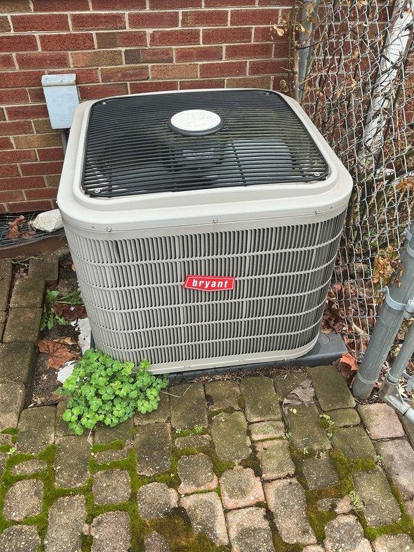 Completed annual preventative maintenance on Bryant outdoor condensing unit. Performed comprehensive system inspection, cleaned condenser coils, checked refrigerant levels, verified electrical connections, and confirmed proper operation of all components with unit running within manufacturer specifications.