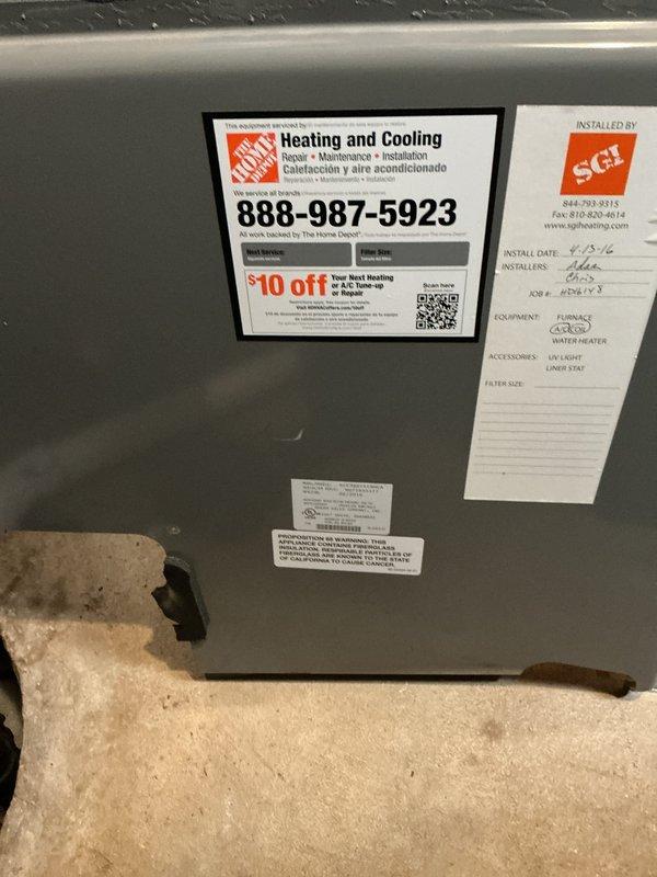 Completed annual preventative maintenance on residential HVAC system. Performed comprehensive inspection of air handler unit, including examination of evaporator coil and filter assembly. Coil showed normal wear patterns consistent with system age, with mesh honeycomb structure intact and functioning properly. Verified condensate drainage system and collection tray for proper operation. Documented equipment specifications and maintenance history via manufacturer labels and service stickers. System operating within normal parameters upon completion of inspection.