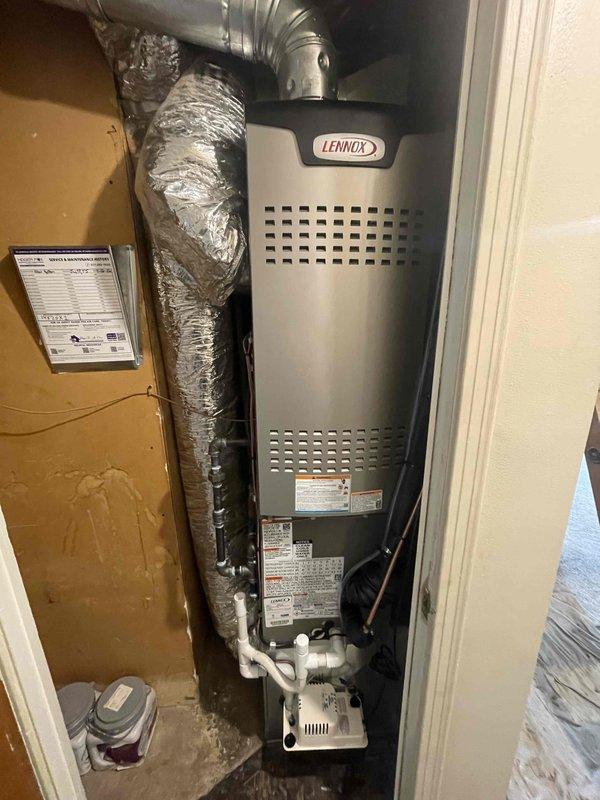 Completed full HVAC system installation including a Lennox 70,000 BTU furnace and 2-ton air conditioning unit with rear discharge configuration. Installed furnace in interior utility closet with proper clearances, connected aluminum flex ducting, installed condensate pump with PVC drainage piping, and positioned outdoor condenser unit on exterior with electrical conduit connection. All permits obtained and system reconnected to existing infrastructure per specifications.