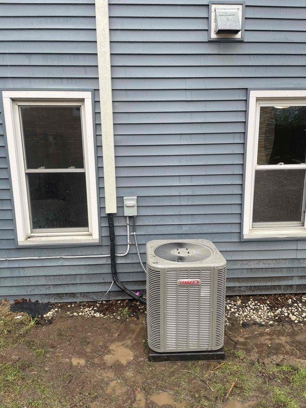 Completed full HVAC system installation including a Lennox 70,000 BTU furnace and 2-ton air conditioning unit with rear discharge configuration. Installed furnace in interior utility closet with proper clearances, connected aluminum flex ducting, installed condensate pump with PVC drainage piping, and positioned outdoor condenser unit on exterior with electrical conduit connection. All permits obtained and system reconnected to existing infrastructure per specifications.