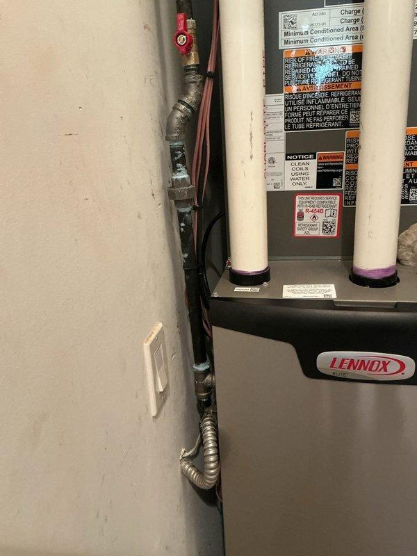 Responded to gas leak call on Lennox furnace system. Performed diagnostic inspection and pressure testing to identify source of gas leak. Inspected gas valve, manifold connections, and supply piping for leaks using combustible gas detector and soap bubble solution. Replaced defective gas valve assembly under warranty. Verified all connections were properly sealed and torqued to manufacturer specifications. Conducted final leak check and operational testing to confirm system safety and proper function.