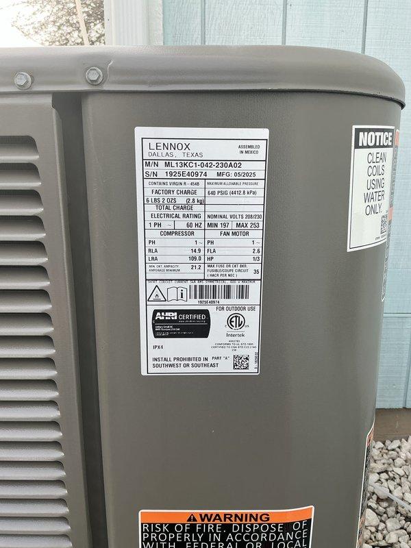 Completed preventive maintenance tune-up on newly installed Lennox ML13KC1-042-230A02 central air conditioning system (manufactured 05/2025). Performed comprehensive inspection of outdoor condenser unit, verified proper installation on pad with adequate clearance, confirmed all electrical connections and conduit secure, checked refrigerant levels, inspected fan operation, and documented unit specifications. System operating within normal parameters with no issues identified.