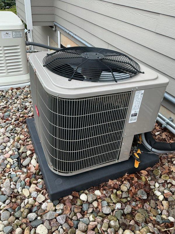 Completed annual cooling maintenance on residential air conditioning system. Performed comprehensive inspection of outdoor condenser unit, verified proper operation of compressor and condenser fan motor, checked refrigerant levels and electrical connections, cleaned condenser coils, and confirmed unit is operating within manufacturer specifications. System found in good working condition with no immediate repairs needed. All components functioning properly and unit ready for cooling season.