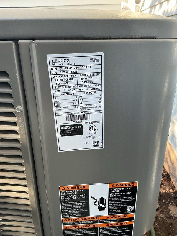 Responded to no-cooling call for 2023 Lennox EL17XC1-036-230A01 air conditioning system located in basement. Upon arrival, confirmed outdoor condenser unit was not receiving power and indoor system was non-operational. Performed diagnostic testing on electrical components, identified failed contactor preventing compressor and condenser fan operation. Replaced defective contactor with OEM equivalent part, restored power to unit, and verified proper startup sequence. Tested system operation through complete cooling cycle, confirmed compressor engagement, condenser fan rotation at proper RPM, and appropriate refrigerant pressures within manufacturer specifications. System restored to full operational status with parts and labor covered under existing warranty.