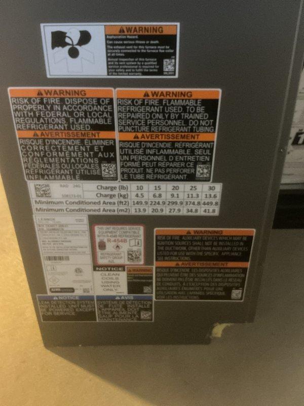 Completed annual comprehensive maintenance on residential HVAC system. Performed visual inspection of equipment exterior, verified all manufacturer warning labels and specification stickers were intact and legible, and documented unit nameplate data including refrigerant charge specifications. Inspected mechanical room infrastructure including fire suppression piping and ductwork, confirming proper clearances and access points remain unobstructed for future service requirements.