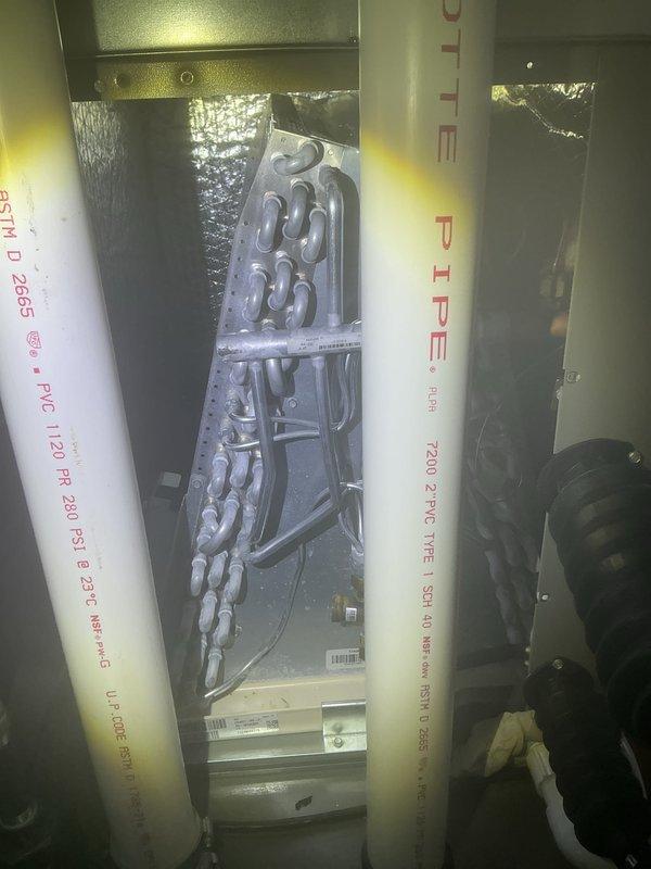 Completed annual comprehensive maintenance on residential HVAC system. Performed visual inspection of equipment exterior, verified all manufacturer warning labels and specification stickers were intact and legible, and documented unit nameplate data including refrigerant charge specifications. Inspected mechanical room infrastructure including fire suppression piping and ductwork, confirming proper clearances and access points remain unobstructed for future service requirements.