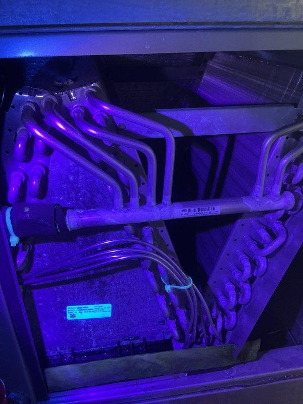 Completed routine Air Care Maintenance inspection on HVAC system. Performed thorough examination of heat exchanger coils, refrigerant lines, electrical connections, and blower assembly. All components were inspected using UV lighting to detect potential leaks or abnormalities. System found to be operating within normal parameters with no immediate service needs identified.