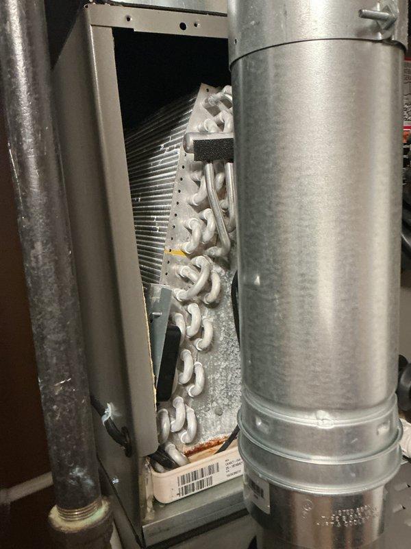 Completed routine Air Care Maintenance on residential HVAC system equipped with R-454B refrigerant. Inspected furnace/air handler unit, evaporator coil assembly, and ductwork connections, verifying all safety labels and refrigerant compatibility markings were properly displayed. All components operating within normal parameters with no issues identified during inspection.
